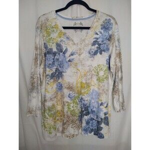 Nicole Miller Top Womens 2X watercolor Art To Wear Floral 100% Cotton blue brown